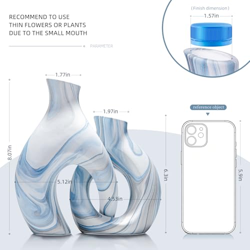 Blue Vases Set of 2, Modern Coastal Vase for Flowers, White vases for Table Centerpieces, Snuggle Hollow Vase Ceramic Decoration for Living Room, Nordic Boho Decor for Coffee Table Shelf - color: Blue Donut