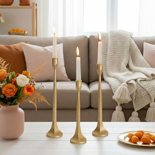 Vintage Gold Taper Candle Holders Set of 3 Cast Iron Antique Brass Decorative Candlestick Holder for Wedding Dining Table Party Rustic Home Decor - color: Gold
