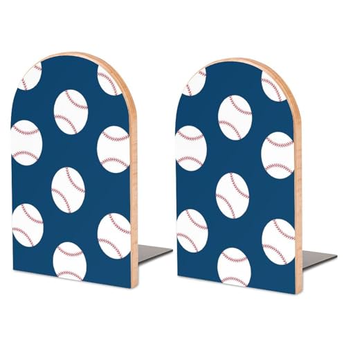 Wooden Bookends 2 Pcs,Baseball Pattern Heavy Duty Office Book Ends Anti Slip Book Shelf Holder with Metal Base Decorative Book Stands - color: Baseball Pattern