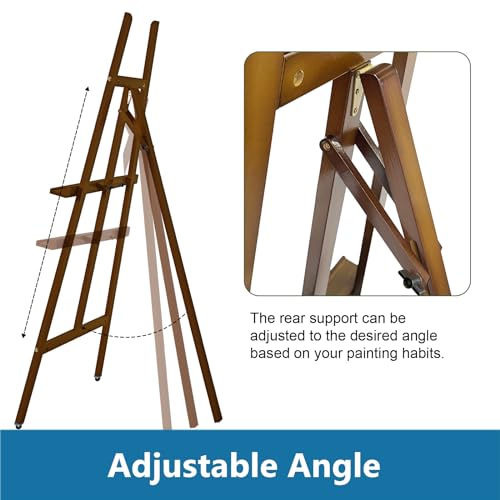 A - Frame Wooden Display Easel with Wheels - Adjustable Lyre Beechwood Studio Easel Stand Holding Canvas Up to 90", Inclinable Artist Floor Painting Easel for Artwork Painting, Brown - color: Brown