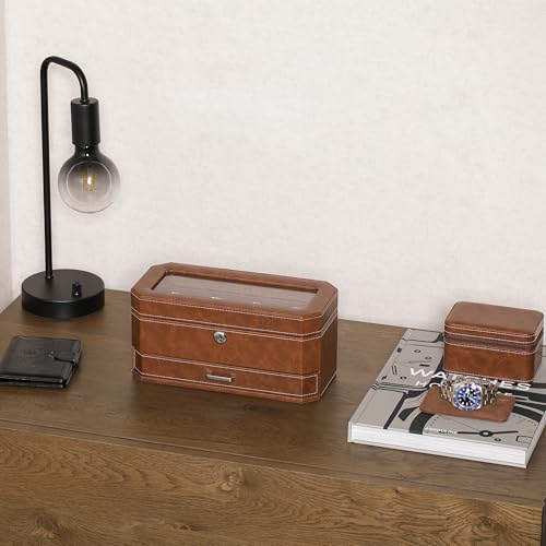 ROTHWELL 4 Slot Leather Watch Box with Valet Drawer - Luxury Case Display Jewelry Organizer, Locking Display Case Holder with Real Glass Top - Watch Box Organizer for Men & Women (Tan) - color: Tan / Brown
