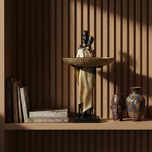 Lescafita Handmade African Couple Sculpture - Gold Tribal Standing Figure with 7.8" Basket, Resin Home Decor for Shelves/Tables, Cultural Gift for Small Items (14.5" H) - color: 310-gold