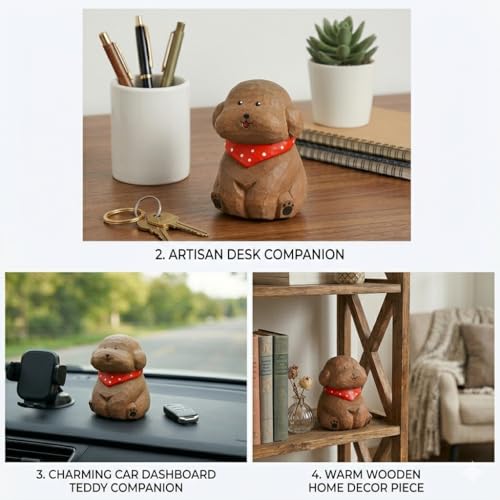 Hand-Carved Wooden Teddy Dog Figurine, 2.7" Brown Puppy Statue with Base for Car Dashboard, Desk & Home Decor, Gift for Dog Lovers - color: Brown Teddy