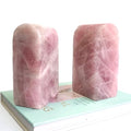 Natural Rose Quartz Bookends 3.5-4 lbs Pink Crystal Stone Decorative Bookends with Non-Slip Bumpers for Home and Office Decor