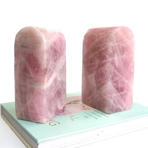 Natural Rose Quartz Bookends 3.5-4 lbs Pink Crystal Stone Decorative Bookends with Non-Slip Bumpers for Home and Office Decor