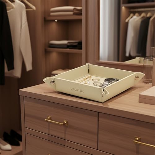 UnionBasic Small Valet Tray, Jewelry Tray for Rings Watches Earrings, Entryway Catchall Caddy for Coins Keys Change, Nightstand Bedside Valet Holder, Trays for Electronic Gadgets, Pale Gold - color: Pale Gold, size: 5.4" x 5.4" x 1.6"