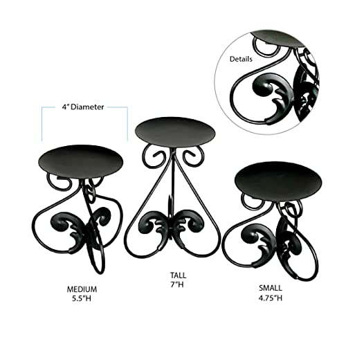 Lily’s Home Elegant Scrollwork Fleur De Lis Pillar Candle Holders, Wax & LED Candle Stands, Black, Set of 3. Candles Not Included - color: Fleur De Lis
