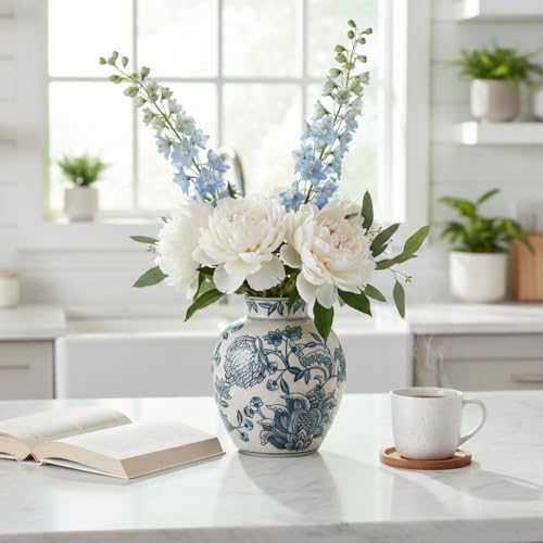 SIDUCAL Ceramic Chinoiserie Floral Vase | 6.3 Inch Blue and White Vintage | Retro Ice Cracked Blue and White Porcelain Vase for Table, Living Room, Bathroom Decoration, Shelf Decor, Mantel - color: 18443-blue and White