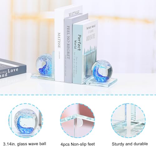 Arikyrist 1 Pair Crystal Bookends for Heavy Books with Hand Blown Ocean Waves Ball Glass Decorative Non Skid Bookends for Bookshelf Office Home (Blue) - color: Blue