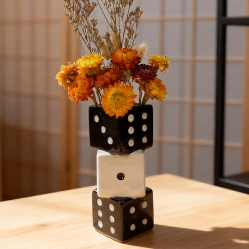 Tnstbiee Triple Dice Ceramic Vase – Elegant Black & White Decorative Vase for Home & Bar, Perfect for Flowers | Unique Centerpiece for Dining Table, Coffee Table & Entryway | Stylish Decor for Kitchen - color: Black and White Dice Vase
