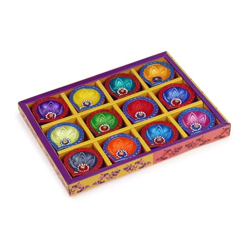 Handmade Terracotta Set of 12 Clay Diya for Diwali/Navratri Decorations Oil Lamp Tea Light Holder Indian Festival Diyas for Pooja & Diwali Decorations | TRBD12M-015 (Multicolor)