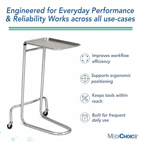 MediChoice Mayo Portable Adjustable Tray Steel Premium Instrument Stand Medical Dental Salon Tattoo Esthetician Mobile Service Cart Table Station Height 34-54 Inch MAYO1201