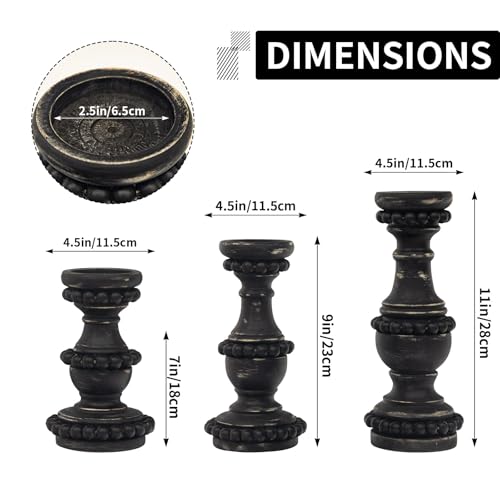 Set of 3 Large Candle Holders for Pillar Candles, Farmhouse Wood Candle Holder, Vintage Wooden Beaded Candlestick Holders for Table Centerpieces, Fireplace Mantel Decor (Black) - color: Black