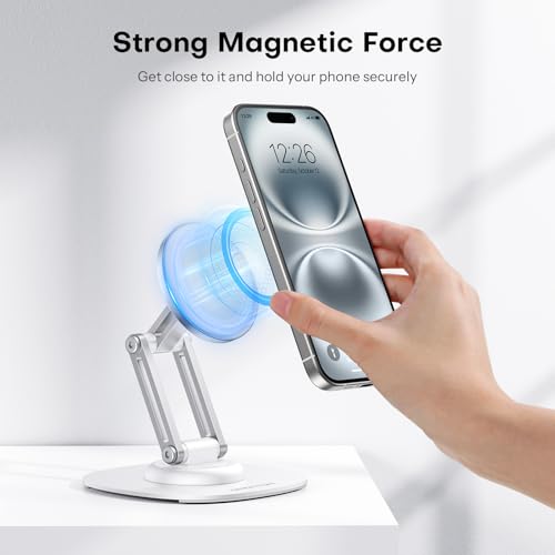 OMOTON 360°Rotating Magnetic Phone Stand for Desk, Adjustable Foldable Aluminum for MagSafe Cell Phone Stand Holder with Non-Slip Base, for iPhone 17/16/15/14 Pro Max Air/MagSafe Case, White - color: White