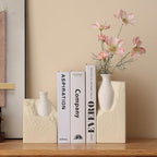 Ceramic Vase Bookends for Shelves, Modern Decorative Bookends with Flower Vase, Aesthetic Bookshelf Decor Book Ends with 2 Artificial Tulip Flowers