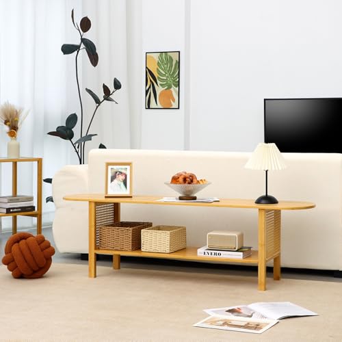 Bamboo TV Stand for TVs up to 65", Accent Entertainment Center with Storage, Media Console Table with Rattan, Modern TV Stand for Living Room, Bedroom, 55"(L), Burlywood - color: Burlywood Rattan