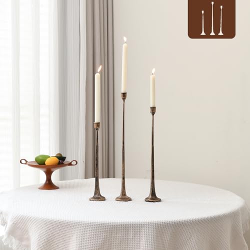 Iron Antique Gold Candlestick Holders, Set of 3 Candle Stick Holders,Fits 3/4 inch Thick Candle&Led Candles, Vintage Modern Decorative Centerpiece for Dining Table Centerpiece, Wedding, Party Decor - color: Antique Gold-straight, size: 14.4”,17.1”,19.7”