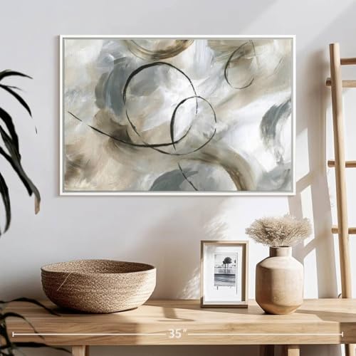 ElephantStock - Allegro Wall Art - Horizontal Floating Framed Canvas - Living Room Wall Decor - Painting Strokes And Lines Framed Canvas Art - Gray And Brown Decor by Nan - 25" x 17" - color: Floating Frame White, size: 24"L x 16"W