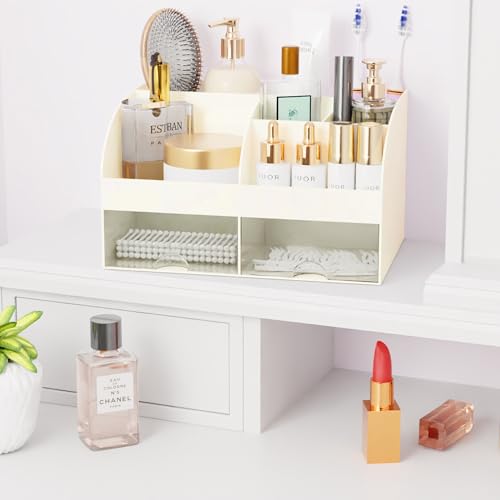 Makeup Organizer with Drawers, Cosmetic Storage for Dresser Vanity and Bathroom Countertop, Beauty Holder for Lipstick Brush, Skincare Organizer for Vanity, Cosmetic Display Case (Ivory) - color: Ivory