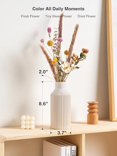 STHIE White Ceramic Flower Vase, 8 Inch Rustic Farmhouse Minimalist Vases Home Decor, Small Pampas Grass Vases for Table Living Room Bookshelf Bedroom Bathroom Kitchen (White Beige) - color: 1 White Beige