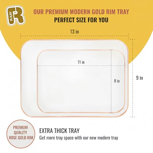 3 Pack Rose Gold Plastic Serving Trays for Party - Rose Gold Serving Tray 8 x 11 Inch - Heavy Duty Dessert Trays for Food - Rectangular Party Serving Trays for Entertaining - color: White and Rose Gold Rim