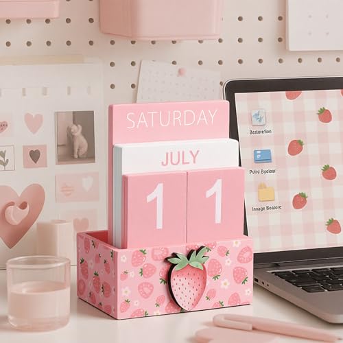 AceOrbit Pink Strawberry Wood Block Perpetual Calendar Coquettish Desk Decor Cute Month Week Date Display Decorative Block Calendar for Women Office Home Desk Gift for Women - style: Pink Strawberry