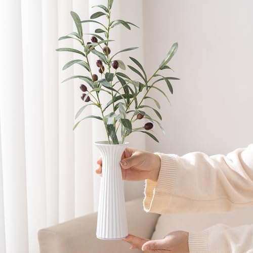 White Ceramic Vase for Home Decor, Small Ribbed Flower Vase for Pampas Grass, Modern Farmhouse Decorative Vases for Coffee Table, Bedroom, Living Room, Kitchen, Bookshelf & Centerpiece - color: White