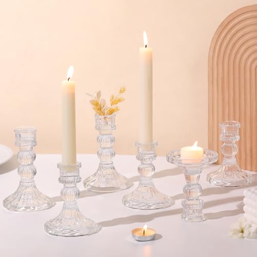 DARJEN 6Pcs Clear Candlestick Holders Set - 4" H & 5" H Striped Taper Candle Holders Bulk, Glass Candle Holders for Wedding, Festival, Party, Table Centerpiece, Gifts - color: Clear, size: Striped Pattern