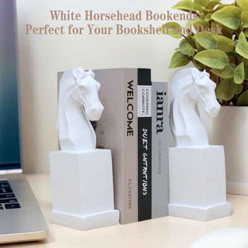 Decorative Horse Bookends Sculptural - Modern Minimalist Resin Bookends for Shelves - Heavy Duty White Book Holder for Modern Living Room Home Library Office Desk, Gift for Book Lovers