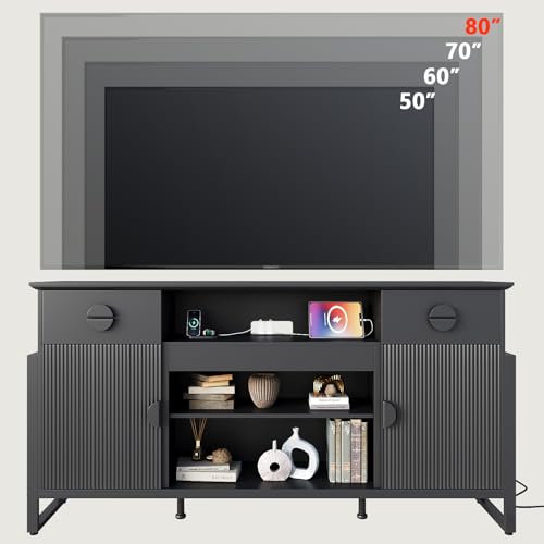 LGHM 70'' Fluted TV Stand with Power Outlets, Stylish Modern Entertainment Center with Drawers for TVs Up to 80”, 38'' Tall TV Stand, Media Console for Living Room, Metal Legs Design, Black - size: 38''H TV Stand
