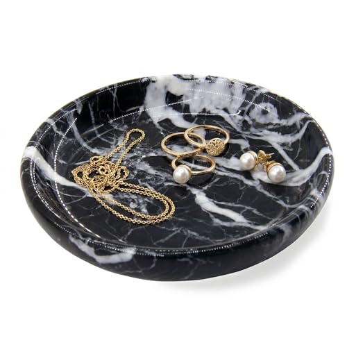Small Natural Marble Jewelry Tray Key Plate Holder Dish Trinket Decor Catch All Bowl for Ring Earring Stone Gift for Women Daugther,Black,5.5" - color: Black