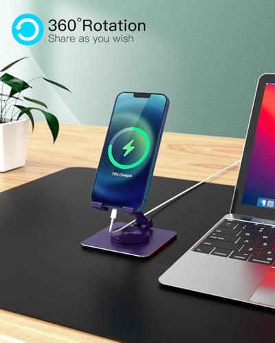 Cell Phone & Tablet Stand for Desk, Aluminum Adjustable Holder for iPhone, iPad & Smartphones || Foldable Mount with 360° Swivel, Stable Base & Portable Design for 4–9.7in Devices, Purple - color: Purple