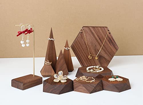 GemeShou 2pcs Wooden Jewelry display tray, Hexagon jewelry display riser, Jewelry retail shop photography props【Walnut Hexagon tray-2pcs】