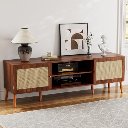 ZttRiee TV Stand for TVs up to 65'', Entertainment Center With Rattan Door, Shelves & 2 Cabinets, Long Boho Media Console for Living Room, Walnut - color: Walnut