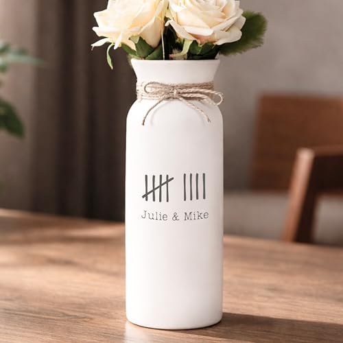 9th Anniversary Pottery Gift for Her Personalized Ceramic Vase with Tally Marks White Handcrafted Custom Couple Names Keepsake 9 Years Marriage, Engraved Handmade 3 x 8 Inches