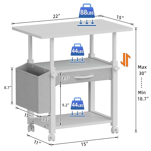 YAOHUOO Large 22"x15" Printer Stand, 3-Tier Height Adjustable with Storage Drawer & Side Bag, Rolling Cart for Heat Press/Laser/3D Printer (White) - color: White, size: 3-Tier
