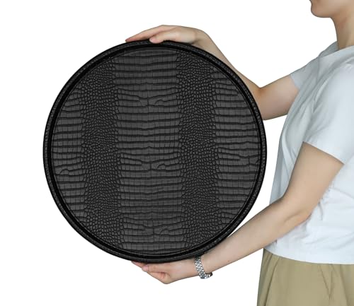 HofferRuffer Round Serving Tray 20'', Elegant Faux Leather Circle Ottoman Table Tray, Serve Tea Coffee Breakfast in Bedroom Living Room Kitchen (Classic Black) - color: Black, size: 20"