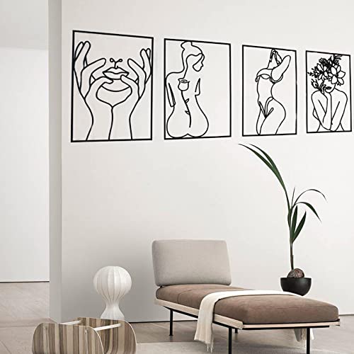 Glamativity 4 Pack Black Wall Art Décor, Minimalist Décor Single Line Art Wall Décor, Real Metal Wall Art, Woman's Body Shape Abstract Wall Art, for Kitchen Bedroom Living Room - color: Black Classic Style, size: M Size 17 x 11.8''
