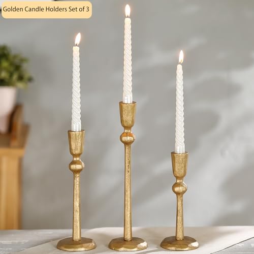 Gold Taper Candle Holders Set of 3, Heavy Candlestick Holders Decorative Candle Stand for Table Centerpiece, Cast Iron Candle Stick Holder Decor - color: Antiqued Gold 3