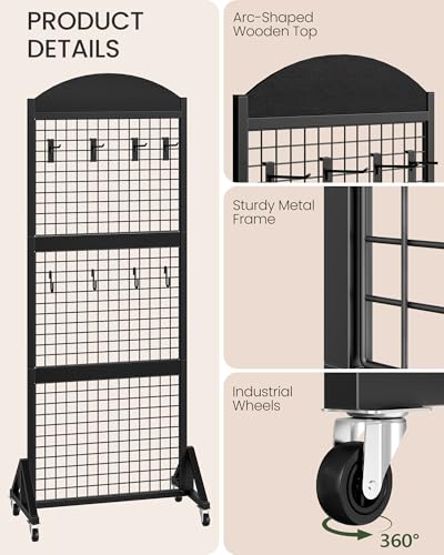 CHOEZON Grid Wall Panel 5.7’ x 2’ FT Grid Display Rack, Movable Gridwall Display Stand with Wheels, Sturdy Floorstanding Wire Grid Rack with 4 S-Shaped Hooks and 4 Garment Hooks, Black TCJ17BB - color: Black