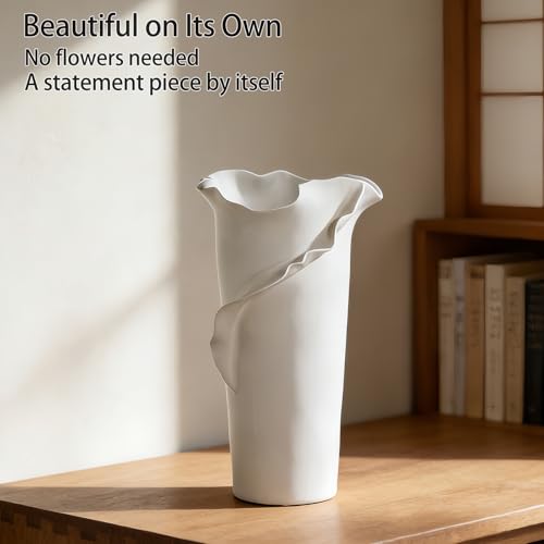 Abstract Irregular Ceramic Vase, White Irregular Pottery Vase, Handmade Decorative Minimalist Flower Vases for Modern Home, Tabletop, Shelf & Office - size: 21" x 20" x 32"