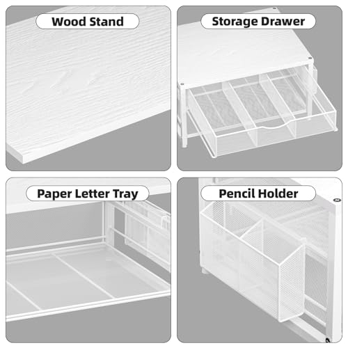 Marbrasse Wood Printer Stand for Desk, 2-Tier Desktop Printer Table for Home Office, Printer Stand with Storage Drawer 2 Pen Holders, Multi-Purpose Desk Organizer for Fax Machine Scanner(Wood White) - color: Wood White