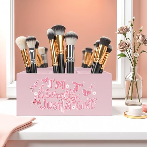 I'm Literally Just A Girl Makeup Brush Toothbrush Holder, Trendy Pink Coquette Bow Wooden Pen Pencil Holder Organizer for Dorm Bedroom Desk Accessories, Back to School Gifts for Girls - color: Color-Desk accessories pink 17