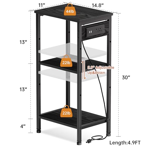 Asgolion Tall Nightstand with Charging Station, 3 Tier Narrow Tall End Table with Storage, Slim Side Table with USB Ports and Outlets for Bedroom, Living Room, Office, Black - color: Black, style: With Outlet