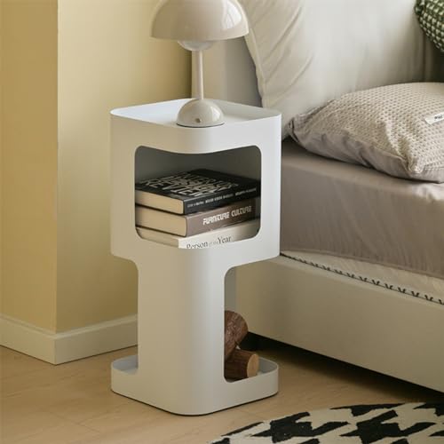 Modern Side Table,Small end Table for Small Spaces,Metal nightstand with Storage Shelf,Space-Saving Bedside Table Accent Table Drink Tables for Living Room,Bedroom.No Assembly Required - color: White Trumpet