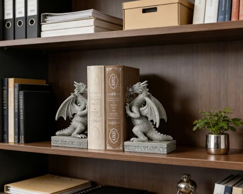 Dragon Statue Decorative Bookends for Shelves, Stone Grey Dragon Statue Home Office Decoration, Fantasy Dragon Figurine Enthusiasts Gifts - color: Stone Grey
