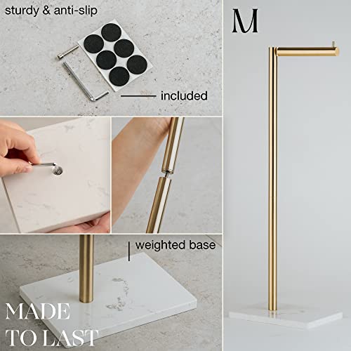 MARMOLUX ACC Free Standing Gold Toilet Paper Holder Stand White Marble Base and Storage | 4 Jumbo Roll Bathroom Hardware Toilet Tissue Organizer | Stainless Steel Bathroom Decor Accessory - color: Gold Brushed/White Marble