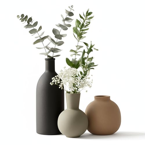 Ceramic Vase Set of 3, Modern Minimalist Farmhouse Style Home Decor Vases, Ideal for Pampas Grass & Dried Flowers, Perfect for Kitchen, Bedroom, Living Room & Dining Table Centerpiece (Multicolor) - color: Multicolor