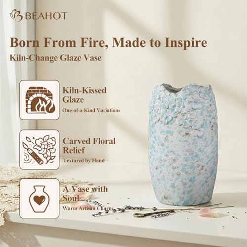BEAHOT Ceramic Vases Set of 3 – 6.7-inch Handmade Blue & White Pottery Trio with Speckled Glaze – Decorative Flower Vases Home Decor for Table Mantel Entryway Shelf Living Room Kitchen Bathroom - size: Blue White 3 set