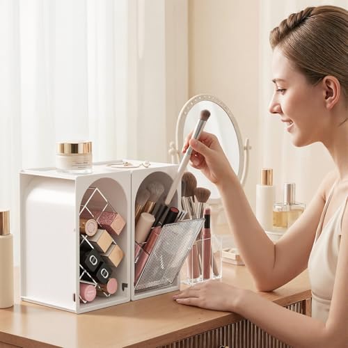 INVSSENE Stackable Makeup Organizer Countertop, Storage Perfume Skincare Cosmetic Lipstick Face Mask Makeup Brush Palettes, Ideal for Vanity Bathroom Counter - color: 3513 White+Clear